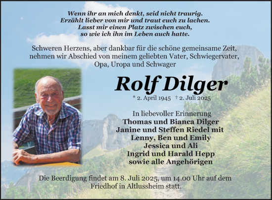 Traueranzeige von Rolf Dilger von Schwetzinger Zeitung