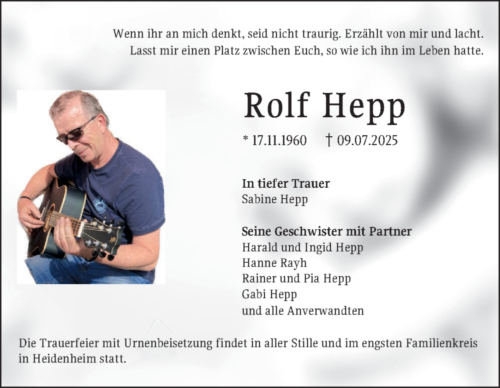  Traueranzeige für Rolf Hepp vom 19.07.2025 aus Schwetzinger Zeitung