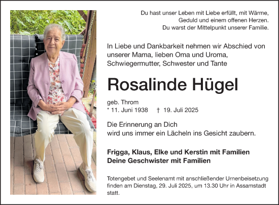 Traueranzeige von Rosalinde Hügel von Fränkische Nachrichten