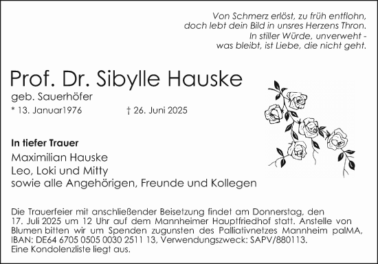 Traueranzeige von Sibylle Hauske von Mannheimer Morgen