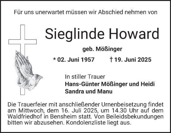 Traueranzeige von Sieglinde Howard von Bergsträßer Anzeiger