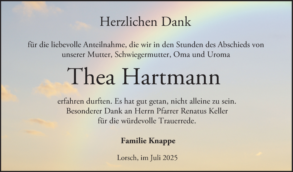  Traueranzeige für Thea Hartmann vom 19.07.2025 aus Bergsträßer Anzeiger