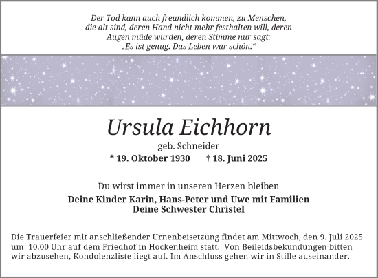 Traueranzeige von Ursula Eichhorn von Schwetzinger Zeitung