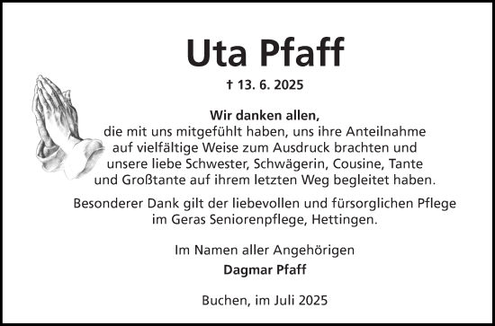 Traueranzeige von Uta Pfaff von Fränkische Nachrichten