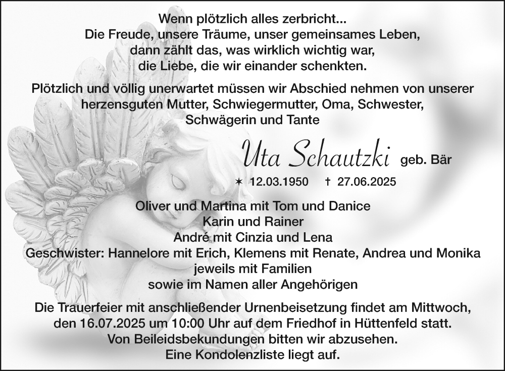  Traueranzeige für Uta Schautzki vom 12.07.2025 aus Mannheimer Morgen