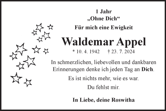 Traueranzeige von Waldemar Appel von Fränkische Nachrichten
