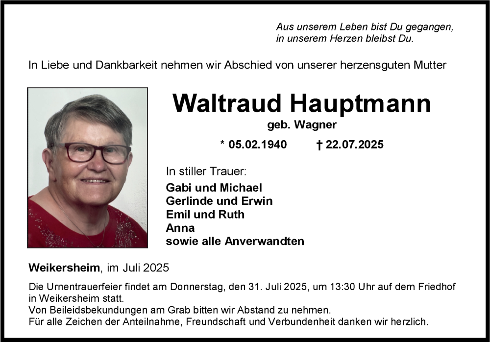  Traueranzeige für Waltraud Hauptmann vom 29.07.2025 aus Fränkische Nachrichten