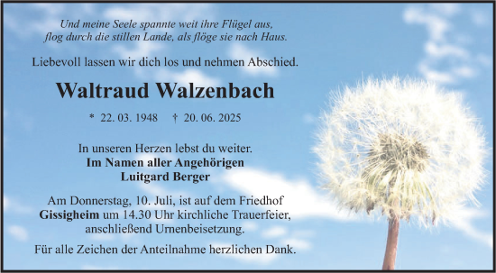 Traueranzeige von Waltraud Walzenbach von Fränkische Nachrichten