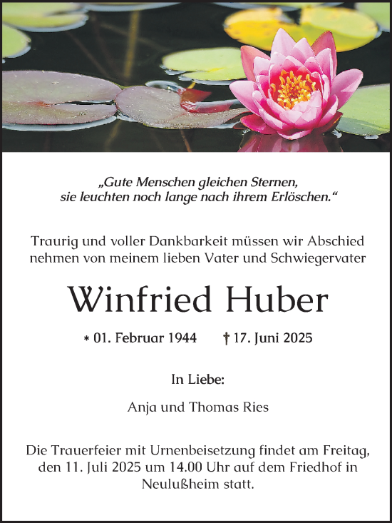 Traueranzeige von Winfried Huber von Schwetzinger Zeitung