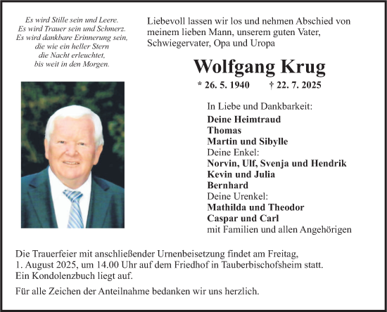 Traueranzeige von Wolfgang Krug von Fränkische Nachrichten