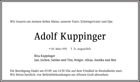 Traueranzeige von Adolf Kuppinger von Schwetzinger Zeitung