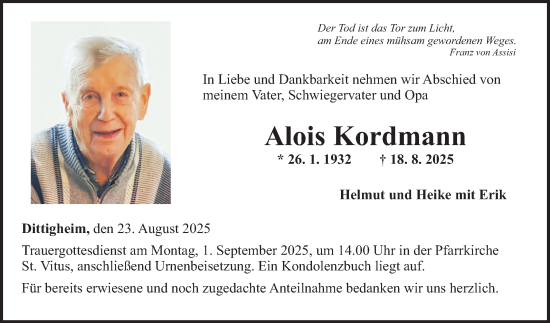 Traueranzeige von Alois Kordmann von Fränkische Nachrichten