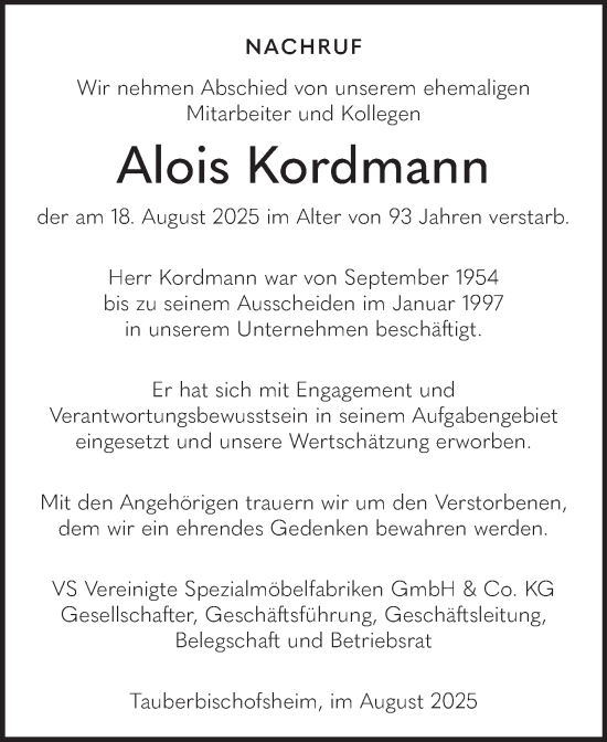 Traueranzeige von Alois Kordmann von Fränkische Nachrichten