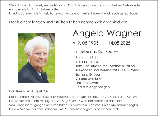 Traueranzeige von Angela Wagner von Fränkische Nachrichten