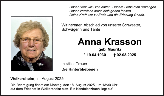 Traueranzeige von Anna Krasson von Fränkische Nachrichten