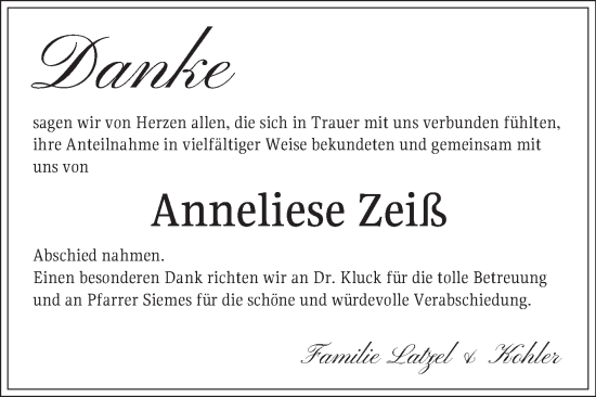 Traueranzeige von Anneliese Zeiß von Bergsträßer Anzeiger