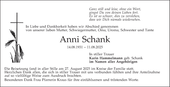 Traueranzeige von Anni Schank von Schwetzinger Zeitung