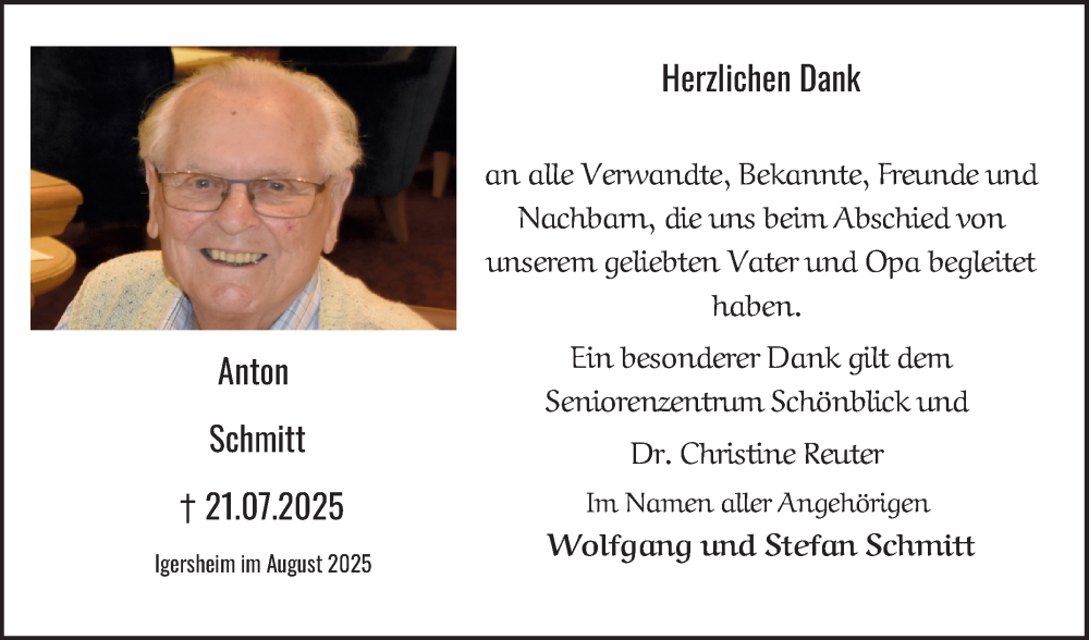  Traueranzeige für Anton Schmitt vom 23.08.2025 aus Fränkische Nachrichten