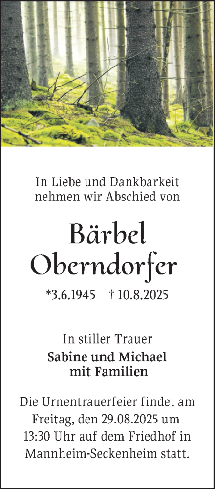 Traueranzeige von Bärbel Oberndorfer von Mannheimer Morgen