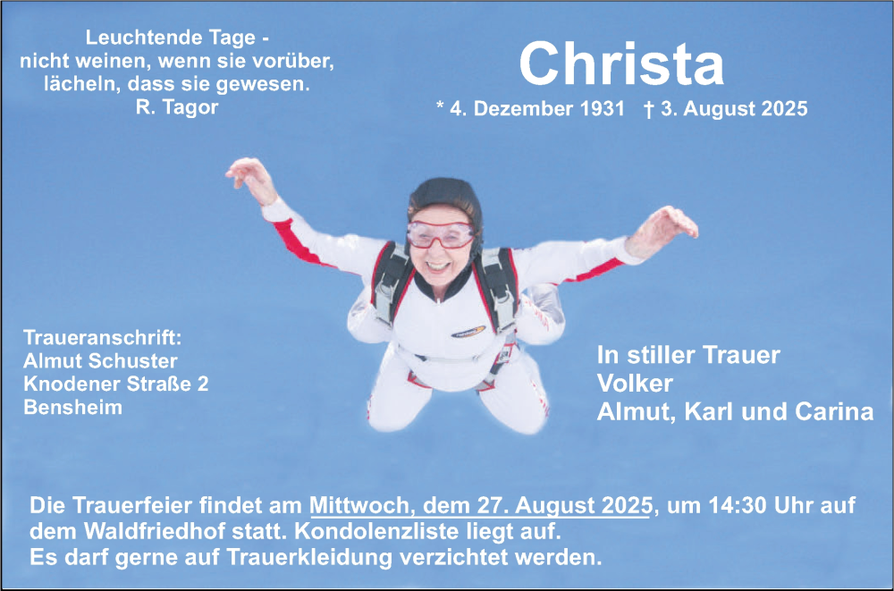  Traueranzeige für Christa  vom 16.08.2025 aus Bergsträßer Anzeiger