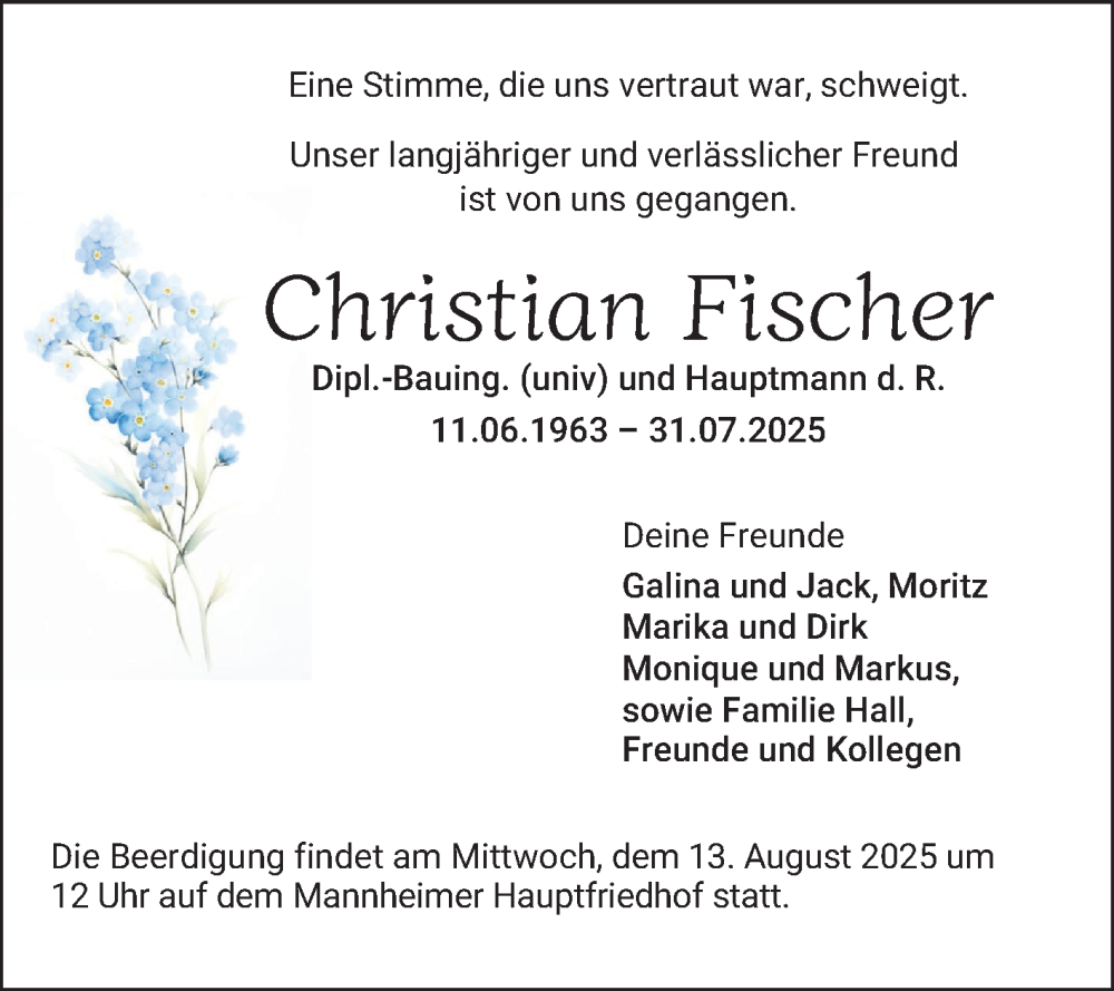  Traueranzeige für Christian Fischer vom 09.08.2025 aus Mannheimer Morgen