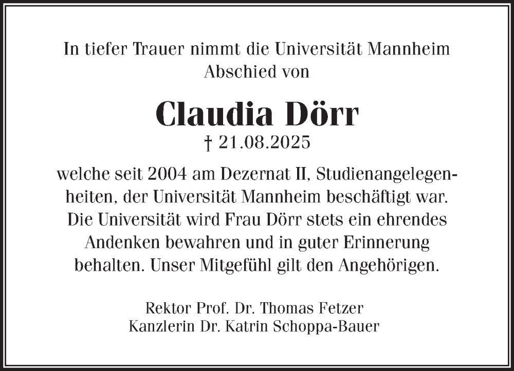  Traueranzeige für Claudia Dörr vom 29.08.2025 aus Mannheimer Morgen