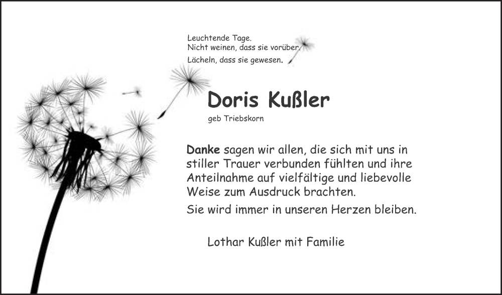  Traueranzeige für Doris Kußler vom 09.08.2025 aus Schwetzinger Zeitung