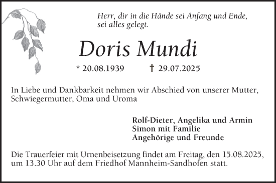 Traueranzeige von Doris Mundi von Mannheimer Morgen