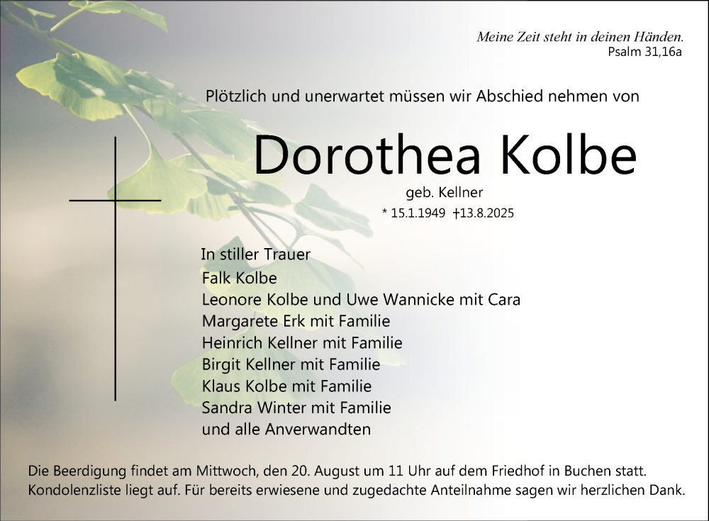  Traueranzeige für Dorothea Kolbe vom 16.08.2025 aus Fränkische Nachrichten