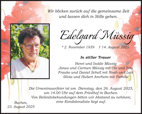Traueranzeige von Edelgard Müssig von Fränkische Nachrichten