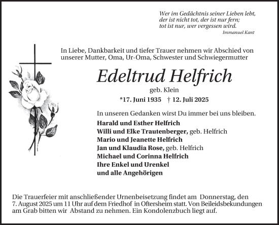 Traueranzeige von Edeltrud Helfrich von Schwetzinger Zeitung