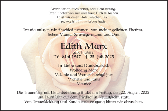 Traueranzeige von Edith Marx von Schwetzinger Zeitung
