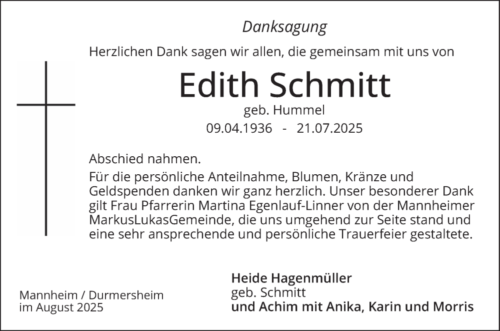  Traueranzeige für Edith Schmitt vom 23.08.2025 aus Mannheimer Morgen