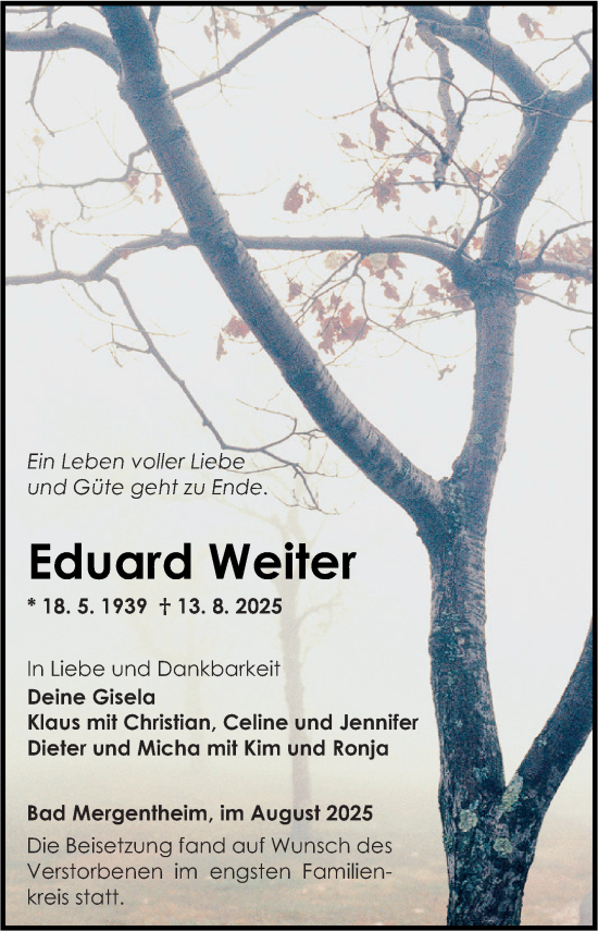 Traueranzeige von Eduard Weiter von Fränkische Nachrichten