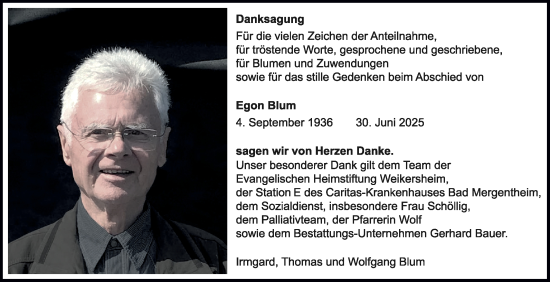 Traueranzeige von Egon Blum von Fränkische Nachrichten