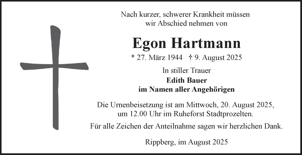  Traueranzeige für Egon Hartmann vom 16.08.2025 aus Fränkische Nachrichten