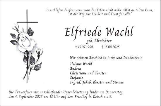 Traueranzeige von Elfriede Wachl von Schwetzinger Zeitung