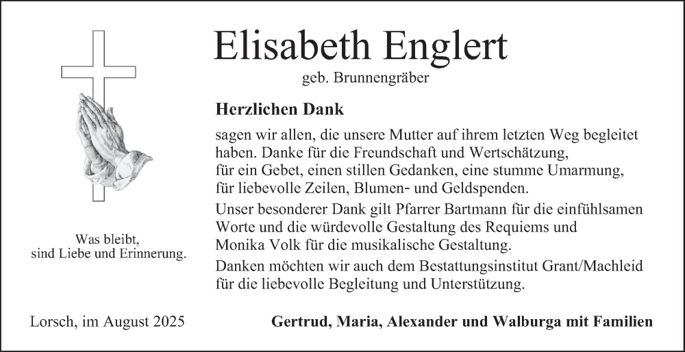  Traueranzeige für Elisabeth Englert vom 23.08.2025 aus Bergsträßer Anzeiger