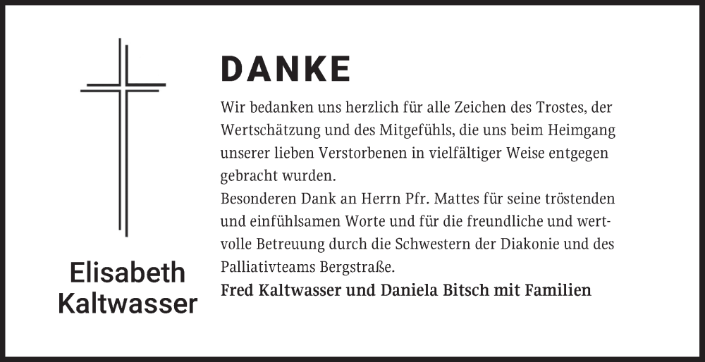  Traueranzeige für Elisabeth Kaltwasser vom 23.08.2025 aus Bergsträßer Anzeiger