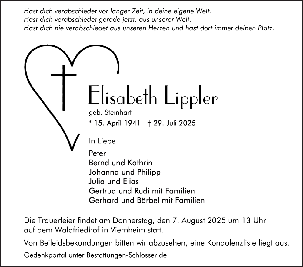  Traueranzeige für Elisabeth Lippler vom 02.08.2025 aus Mannheimer Morgen