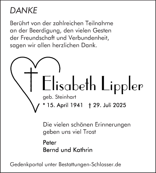 Traueranzeige von Elisabeth Lippler von Mannheimer Morgen