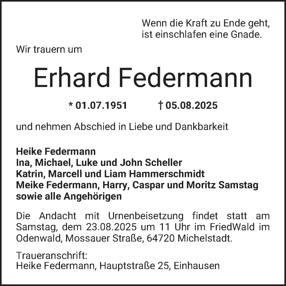  Traueranzeige für Erhard Federmann vom 09.08.2025 aus Bergsträßer Anzeiger