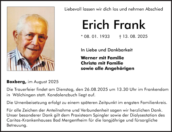Traueranzeige von Erich Frank von Fränkische Nachrichten