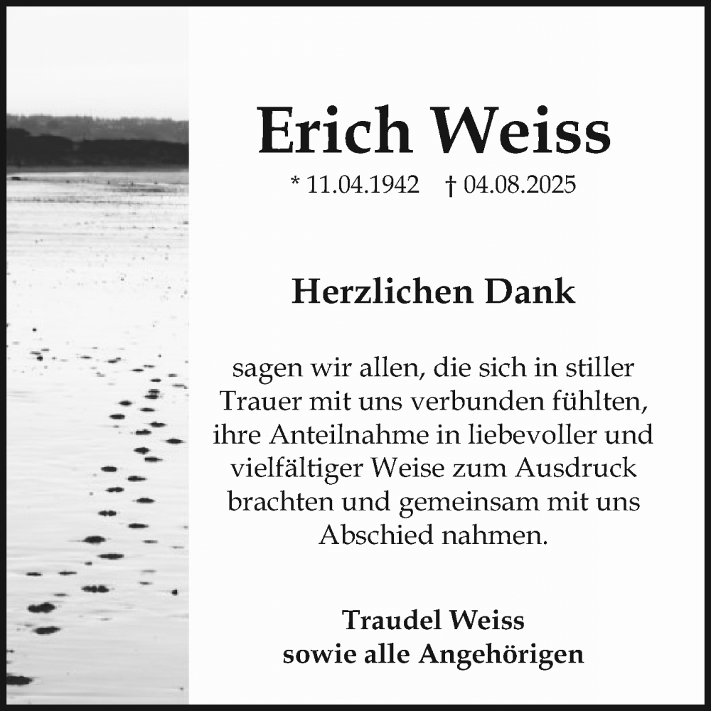  Traueranzeige für Erich Weiss vom 30.08.2025 aus Mannheimer Morgen