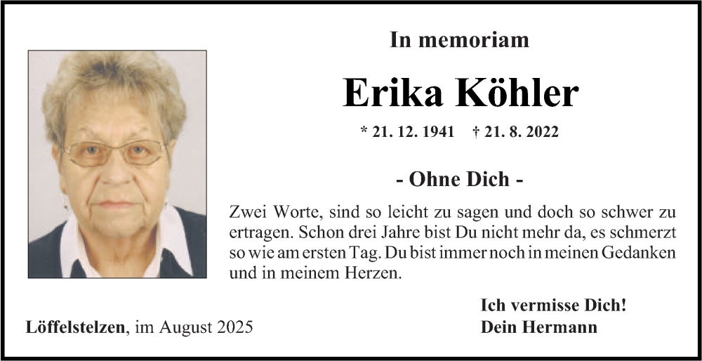  Traueranzeige für Erika Köhler vom 21.08.2025 aus Fränkische Nachrichten