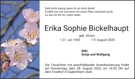 Traueranzeige von Erika Sophie Bickelhaupt von Bergsträßer Anzeiger