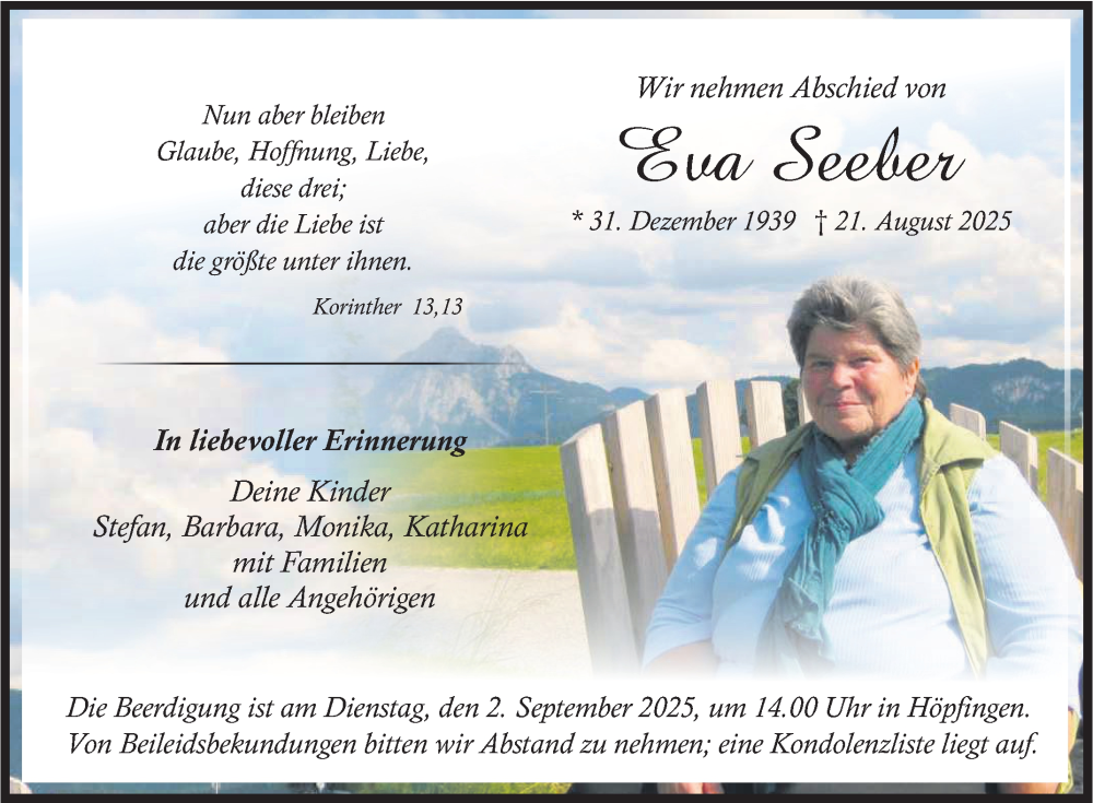  Traueranzeige für Eva Seeber vom 30.08.2025 aus Fränkische Nachrichten
