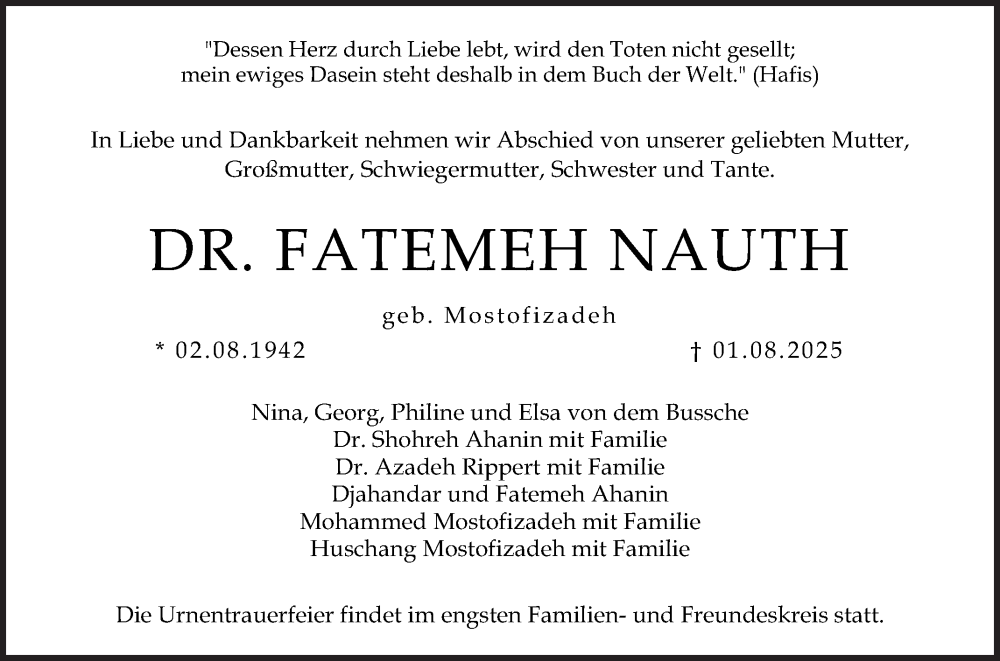  Traueranzeige für Fatemah Nauth vom 16.08.2025 aus Mannheimer Morgen