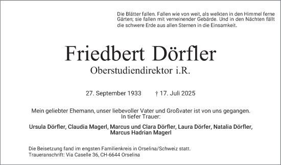 Traueranzeige von Friedbert Dörfler von Schwetzinger Zeitung