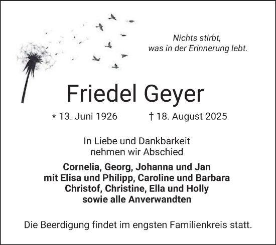 Traueranzeige von Friedel Geyer von Bergsträßer Anzeiger